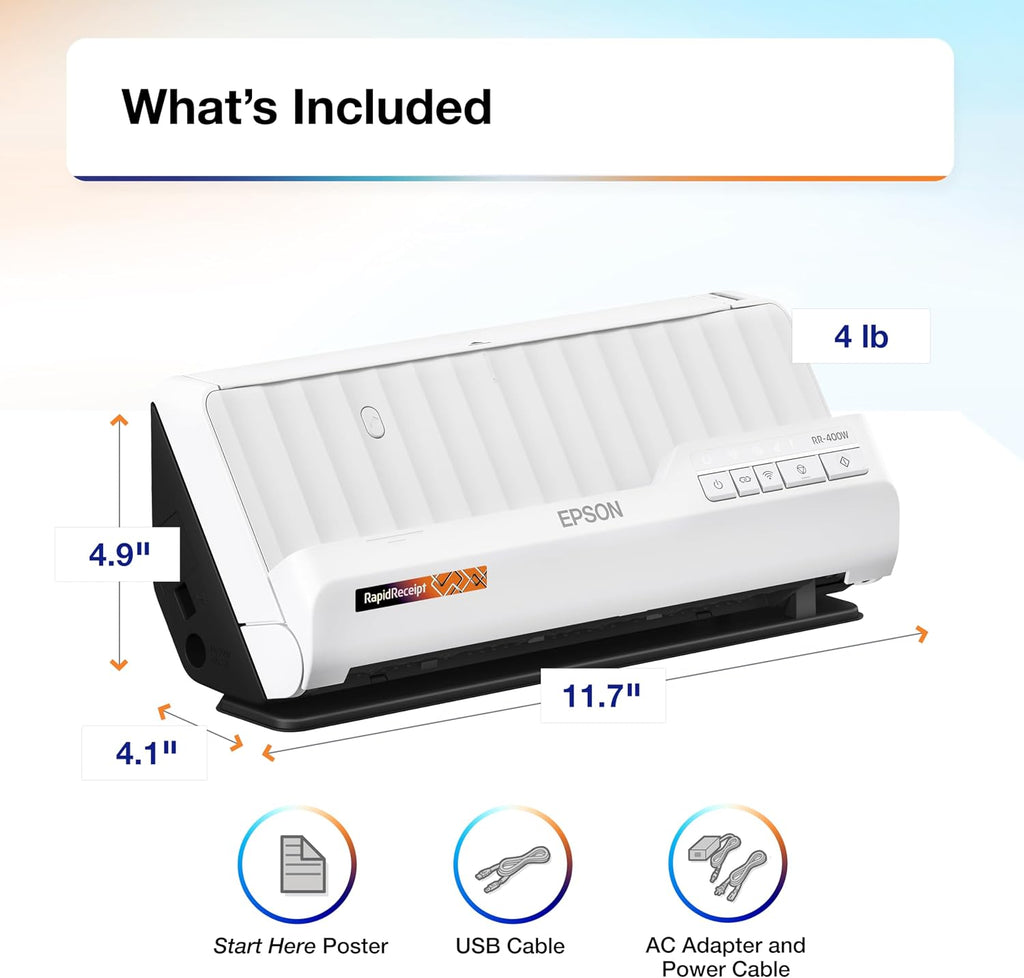 Epson RapidReceipt RR-400W Wireless Compact Desktop Color 2-Sided Document & Tax Receipt Scanner with ScanSmart AI PRO Data Management Software & 20-Page Auto Doc Feeder