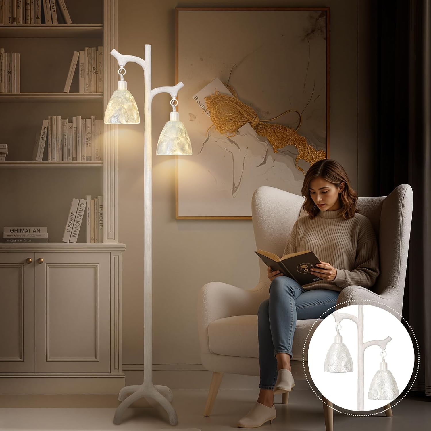 68' Washed White Rustic Floor Lamp with Soft Pearl Shell Lamp Shade for Living Room, Standing Lamp for Bedroom, Farmhouse Floor Lamp Stepless Dimmable Tree Trunk Tall Lamp for Bedroom (Bulb Included)