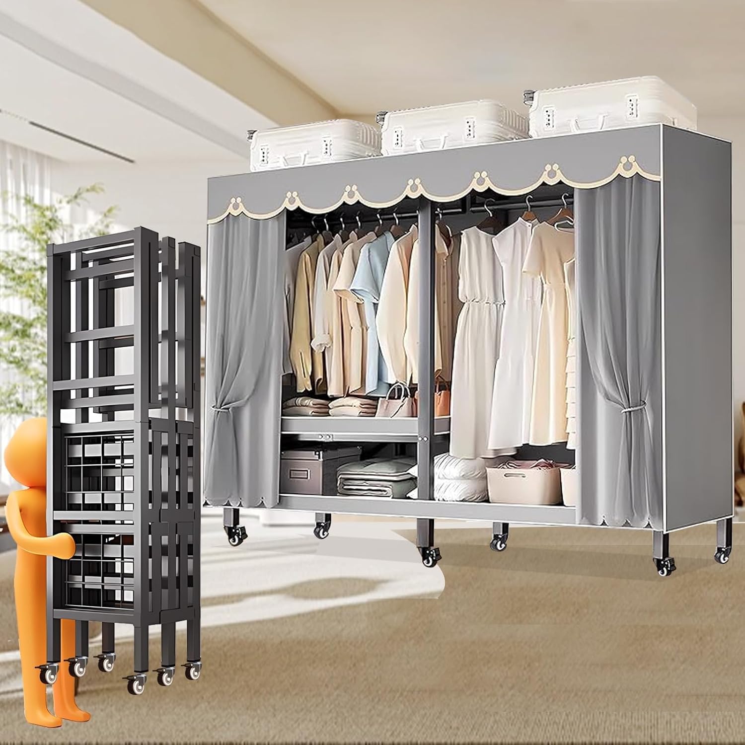Heavy Duty Rolling Garment Rack With Cover Foldable Clothe Rack Portable Wardrobe Closet For Bedroom Armoires Freestanding Clothing Coat Storage Rack Garment Rack For Hanging Clothes(150cm/59in)