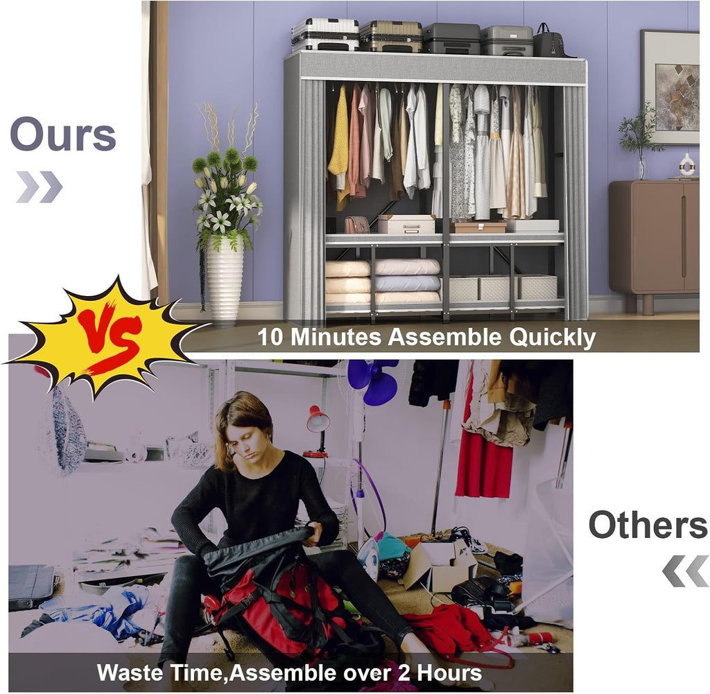 95% Assembled 66' L Clothes Racks for Hanging Clothes, Premium Metal Strong Heavy Duty Clothes Rack with Cover, Portable Foldable Freestanding Garment Rack, Black