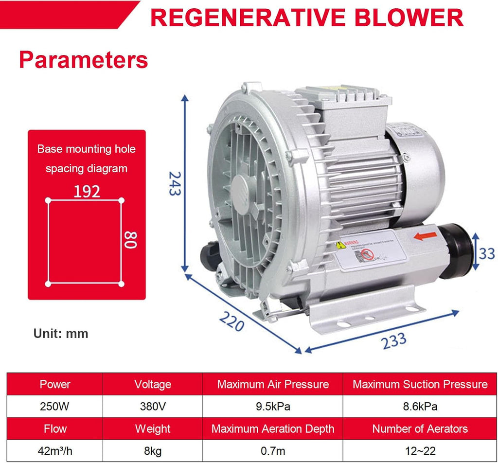 Regenerative Blower & Single/Three Phase Vortex Ring Blower - 220v/380v Industrial Vacuum for Aquaculture Hydroponics and Dust Collection 250W/380V