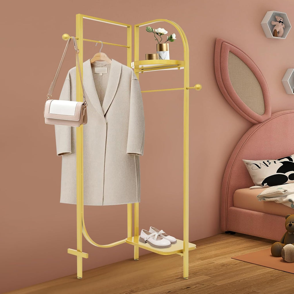 Clothes Display Stand, Metal Heavy Duty Freestanding Garment Rack Foldable Clothing Shelf Clothes Rack for Hanging Clothes Coats Skirts Shirts Sweaters (Gold)