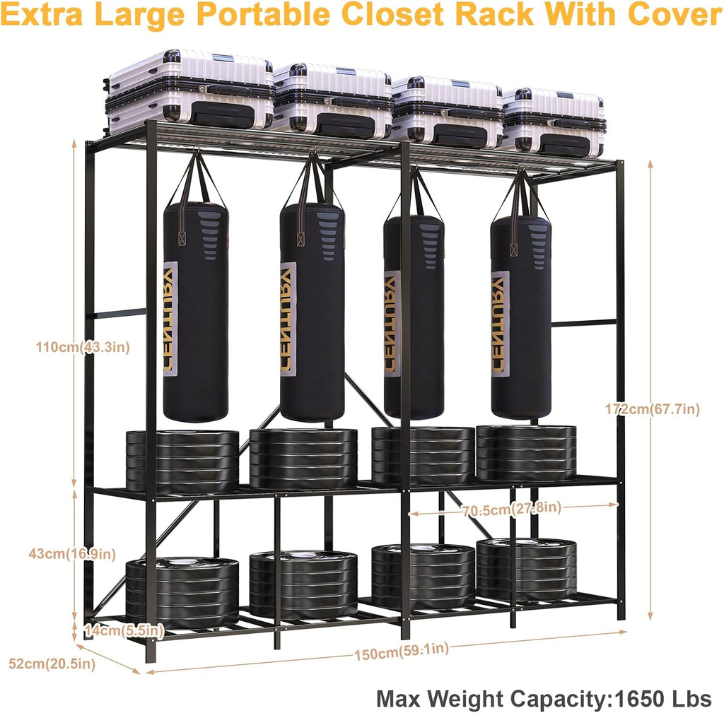 Heavy Duty Clothing Racks for Hanging Clothes with Cover, 95% Assembled Freestanding Foldable Portable Clothes Rack, 59'Lx70 H
