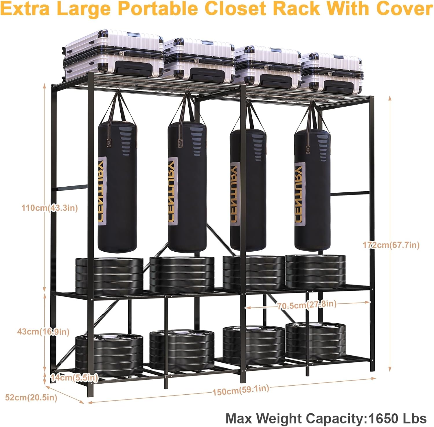 Heavy Duty Clothing Racks for Hanging Clothes with Cover, 95% Assembled Freestanding Foldable Portable Clothes Rack, 59'Lx70 H