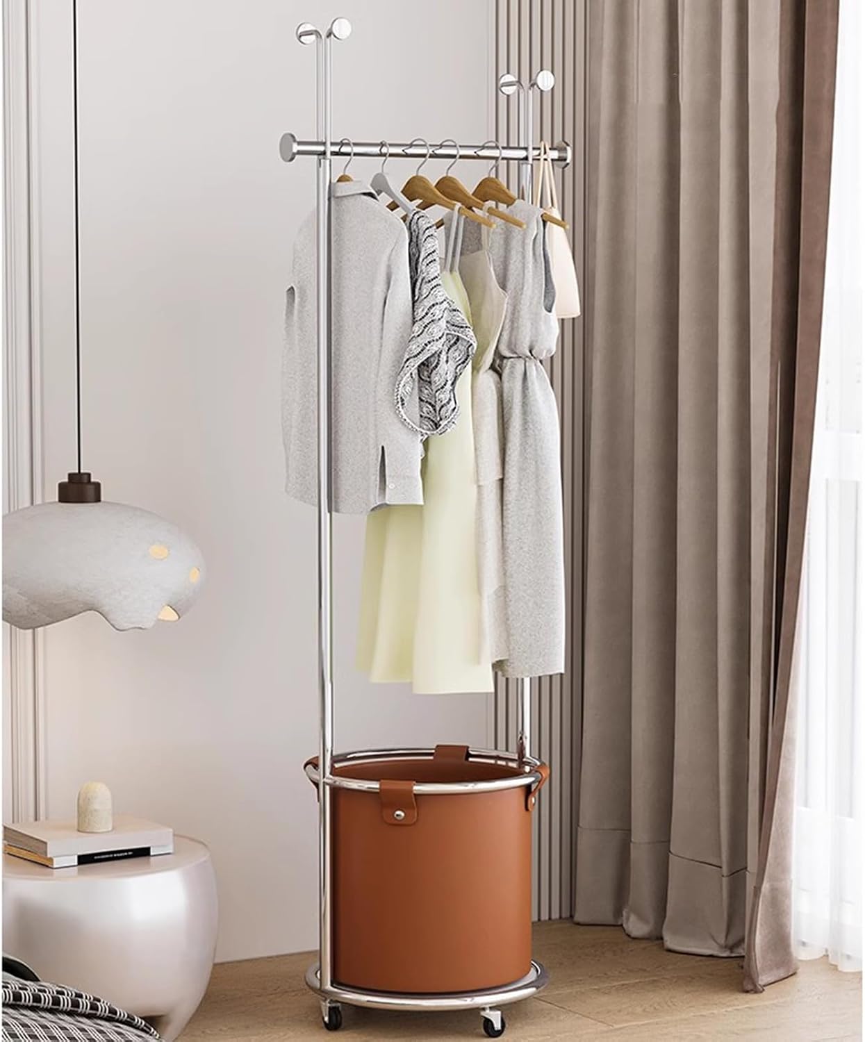 Heavy Duty Garment Rack Silver Stainless Steel Clothing Rack with PU Storage Box and Hooks, Freestanding Clothes Organizer On Wheels, Multi-Functional Coat Rack for Bedroom (Silver+Brown)