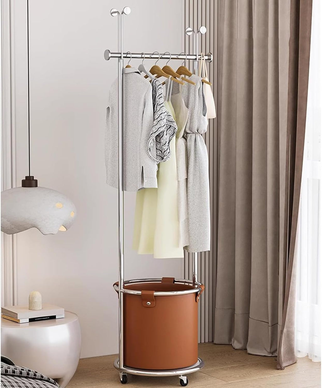 Heavy duty Garment rack Silver Stainless Steel Clothing Rack With PU Storage Box And Hooks, Freestanding Clothes Organizer On Wheels, Multi-Functional Coat Rack For Bedroom And Hallwa (Silver+brown )