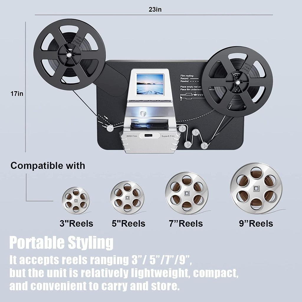8mm & Super 8 Film to Digital Converter, Film Scanner Digitizer with 2.4' Screen, Convert 3'5'7'9'Reels View Frame by Frame into 1080P Digital MP4 Files,Sharing & Saving on 32GB SD Card