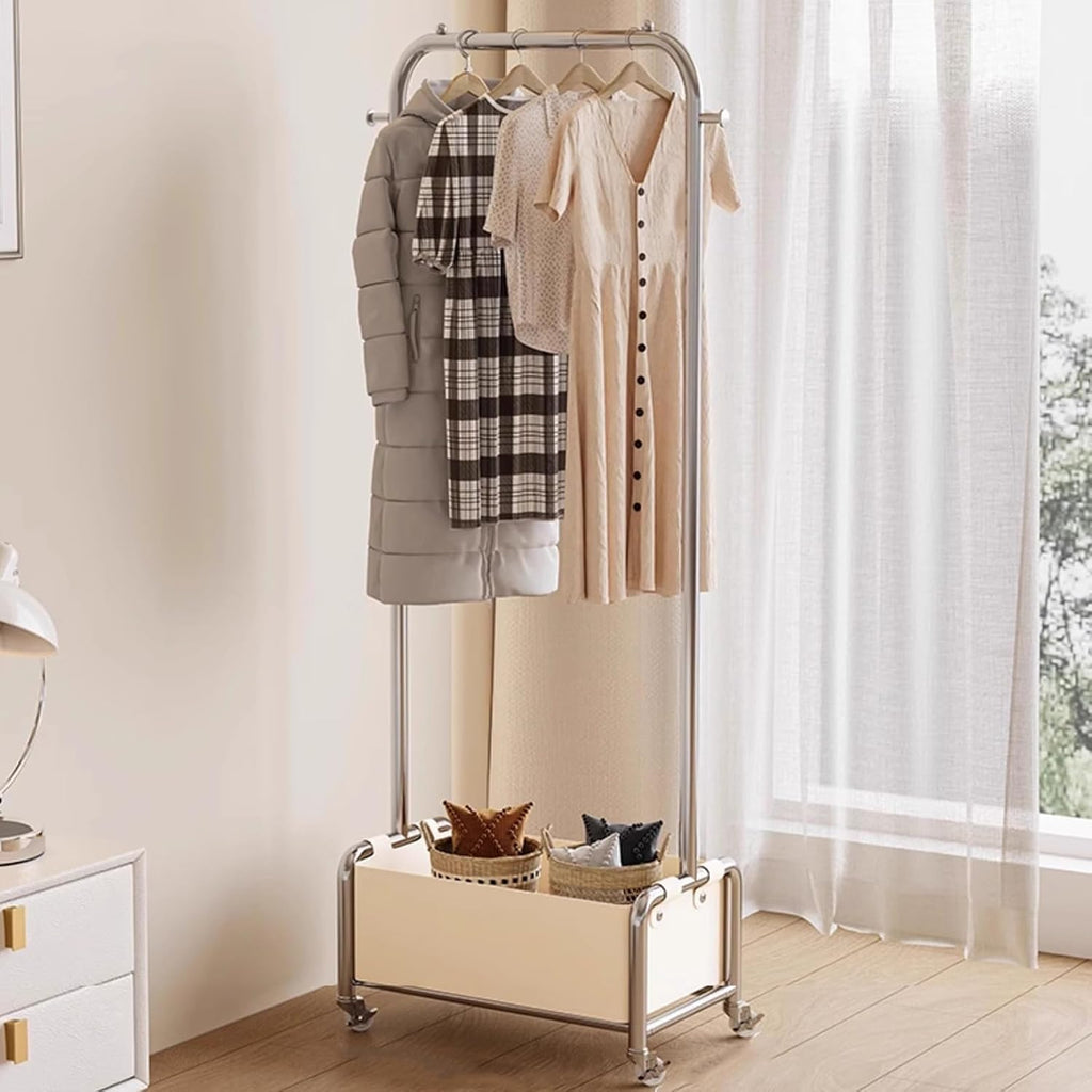 Heavy duty Garment rack Freestanding Coat Rack With Wheels, Metal Clothing Racks with Removable PU Storage Box And 2 Hook, Space-saving Clothes Organizer For Entrance, Bedroom (White 80X35X173CM)