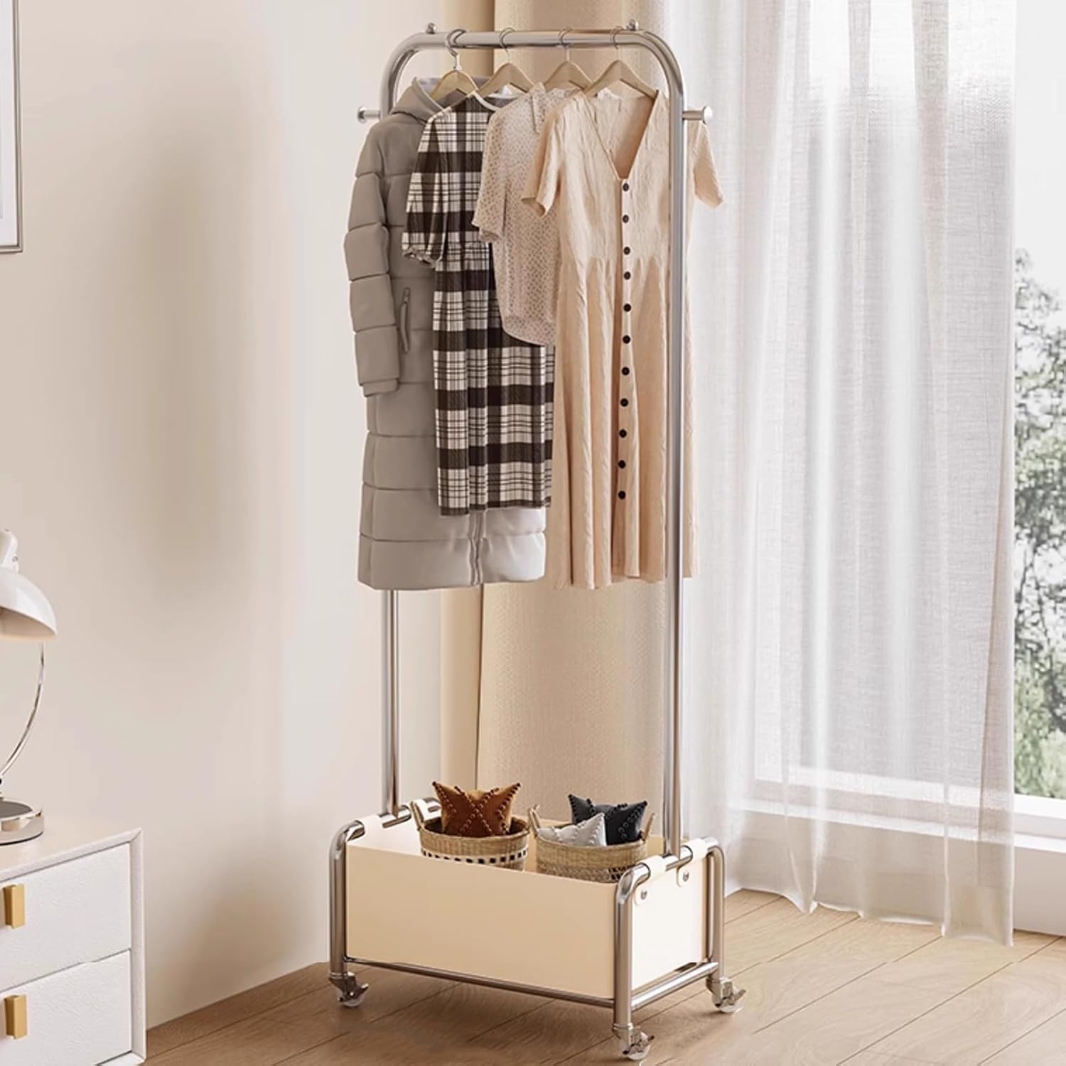 Heavy duty Garment rack Freestanding Coat Rack With Wheels, Metal Clothing Racks with Removable PU Storage Box And 2 Hook, Space-saving Clothes Organizer For Entrance, Bedroom (White 80X35X173CM)