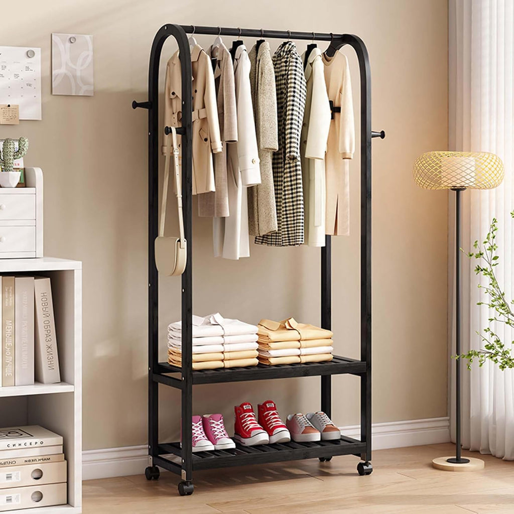Black Clothing Rack with Wheels,Heavy duty clothes rack with 2-tier Bottom Shelves, Freestanding Garment Rack with 4 Side Hooks for Hanging Clothes, Coats, Shirts