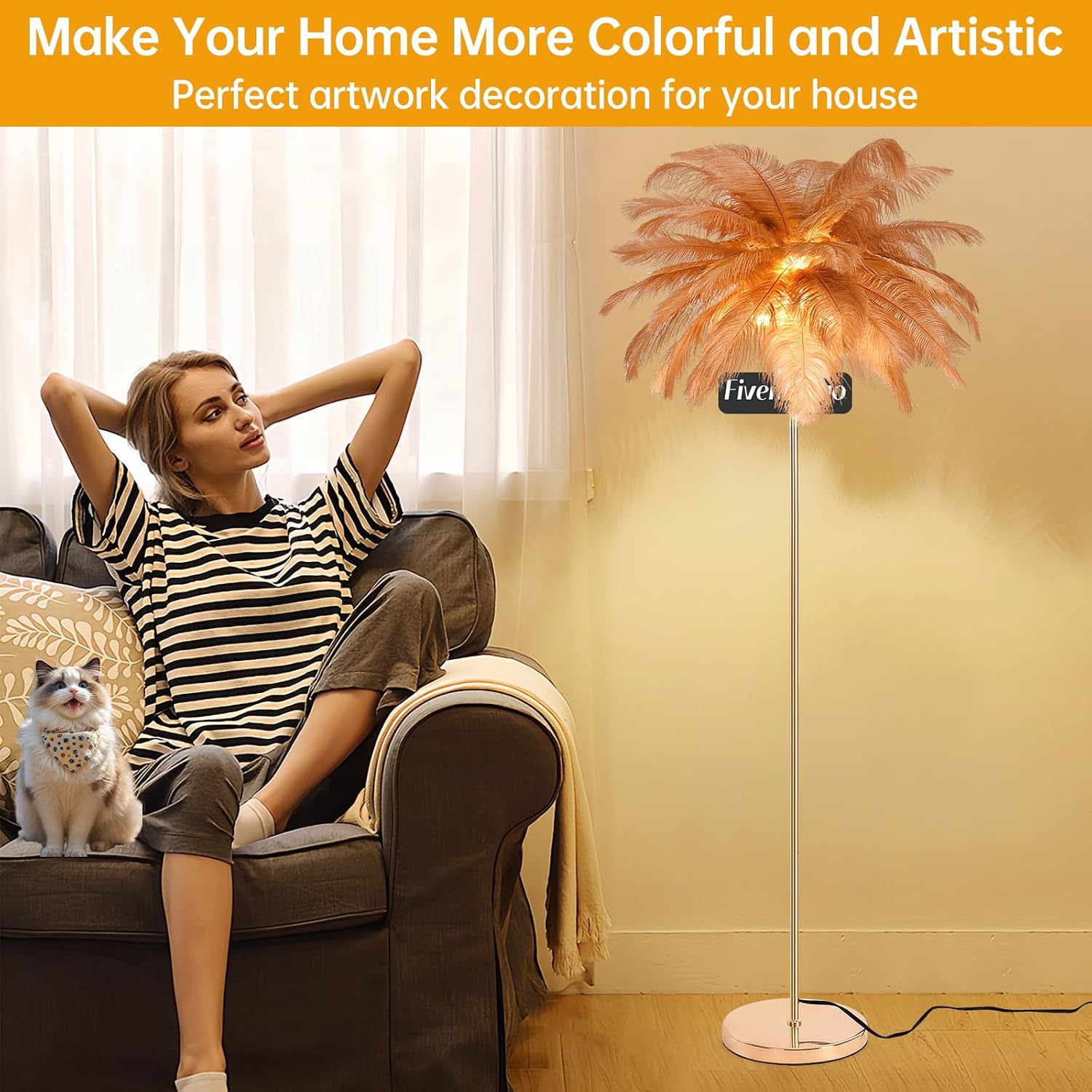 Feather Floor Lamp for Living Room, Fluffy Ostrich Feathers Lamp, Rose Gold Color Body, 3 Color Temperatures Modern Funky Arc Tall Standing Lamp for Bedroom Inclued Bright LED Bulbs (Brown)
