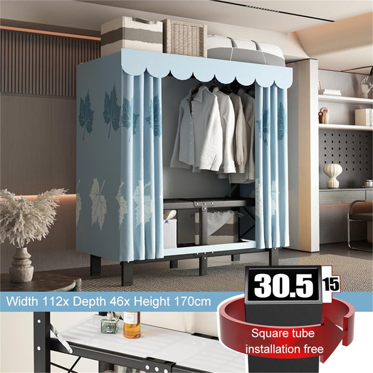 Heavy Duty Clothes Rack,Foldable Clothe Rack with Cover and Wheel Heavy-Duty Portable Closet,Wardrobe Freestanding Metal Clothing Rack,for Hanging Clothes(112x46x170cm)