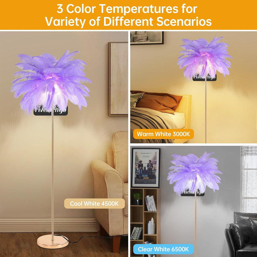 Feather Floor Lamp for Living Room, Fluffy Ostrich Feathers Lamp, Rose Gold Color Body, 3 Color Temperatures Modern Funky Tall Standing Lamp for Bedroom Inclued LED Bulbs (Light Purple)