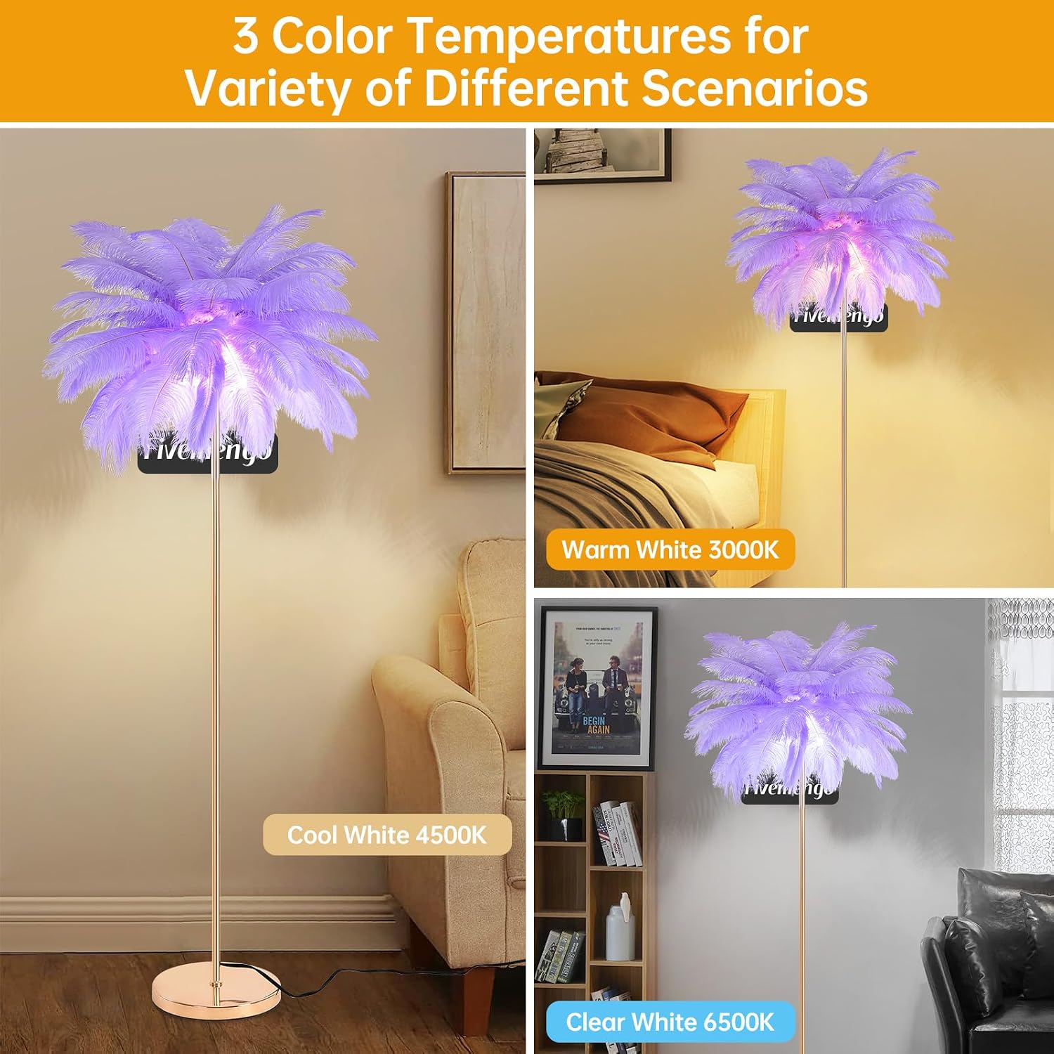 Feather Floor Lamp for Living Room, Fluffy Ostrich Feathers Lamp, Rose Gold Color Body, 3 Color Temperatures Modern Funky Tall Standing Lamp for Bedroom Inclued LED Bulbs (Light Purple)