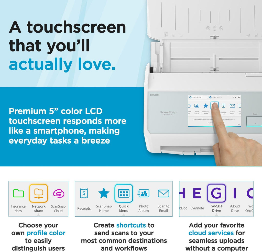 ScanSnap iX2500 Wireless or USB High-Speed Cloud Enabled Document, Photo & Receipt Scanner with Large 5' Touchscreen and 100 Page Auto Document Feeder for Mac or PC, White
