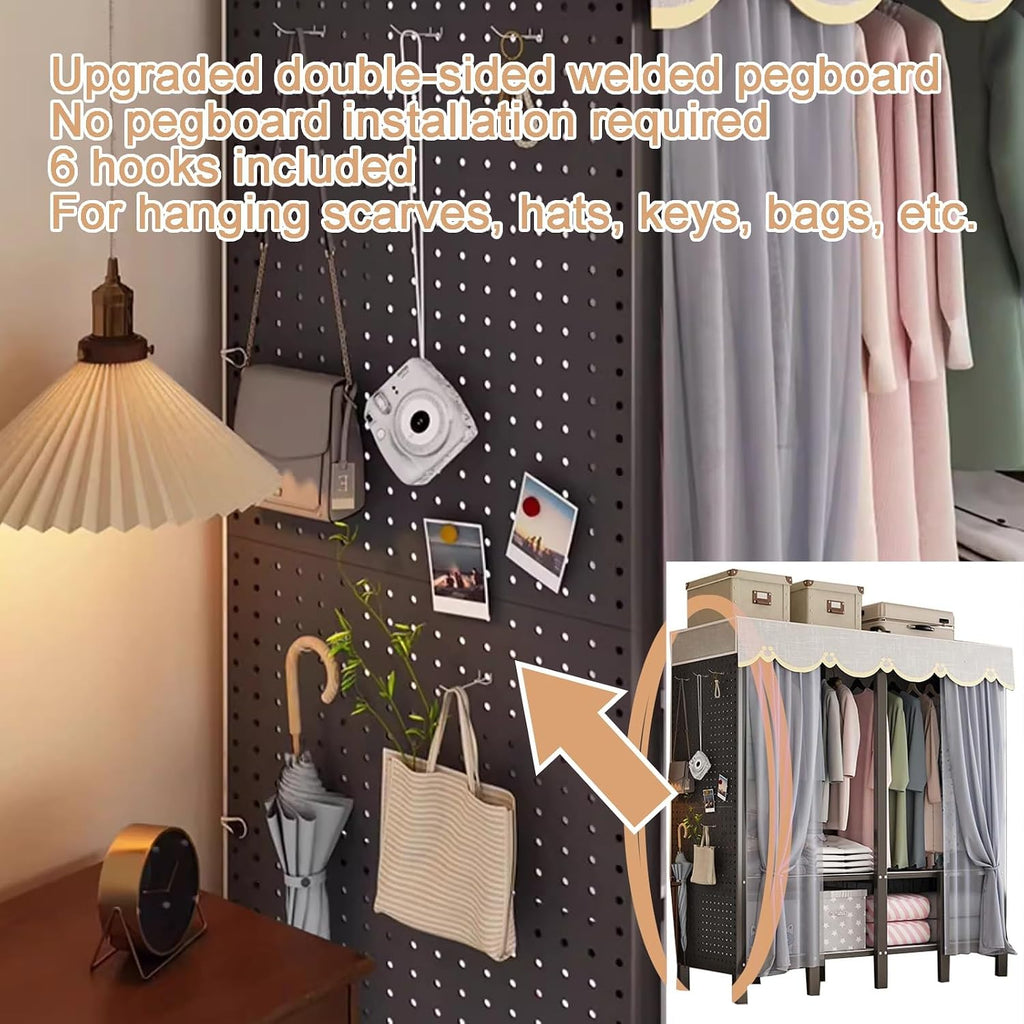Heavy-Duty Foldable Cloth Rack, Portable Closet Wardrobe with Cover and Pegboard, Freestanding Metal Clothing Rack Armoire Rolling Garment Racks Closet System
