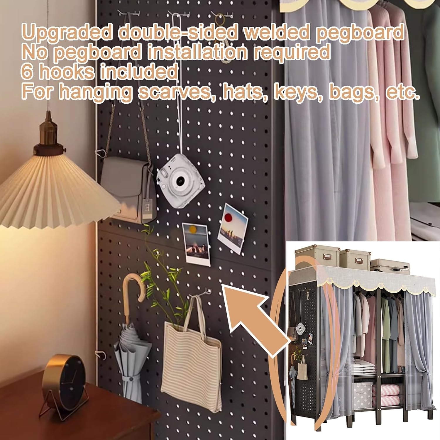 Heavy-Duty Foldable Cloth Rack, Portable Closet Wardrobe with Cover and Pegboard, Freestanding Metal Clothing Rack Armoire Rolling Garment Racks Closet System