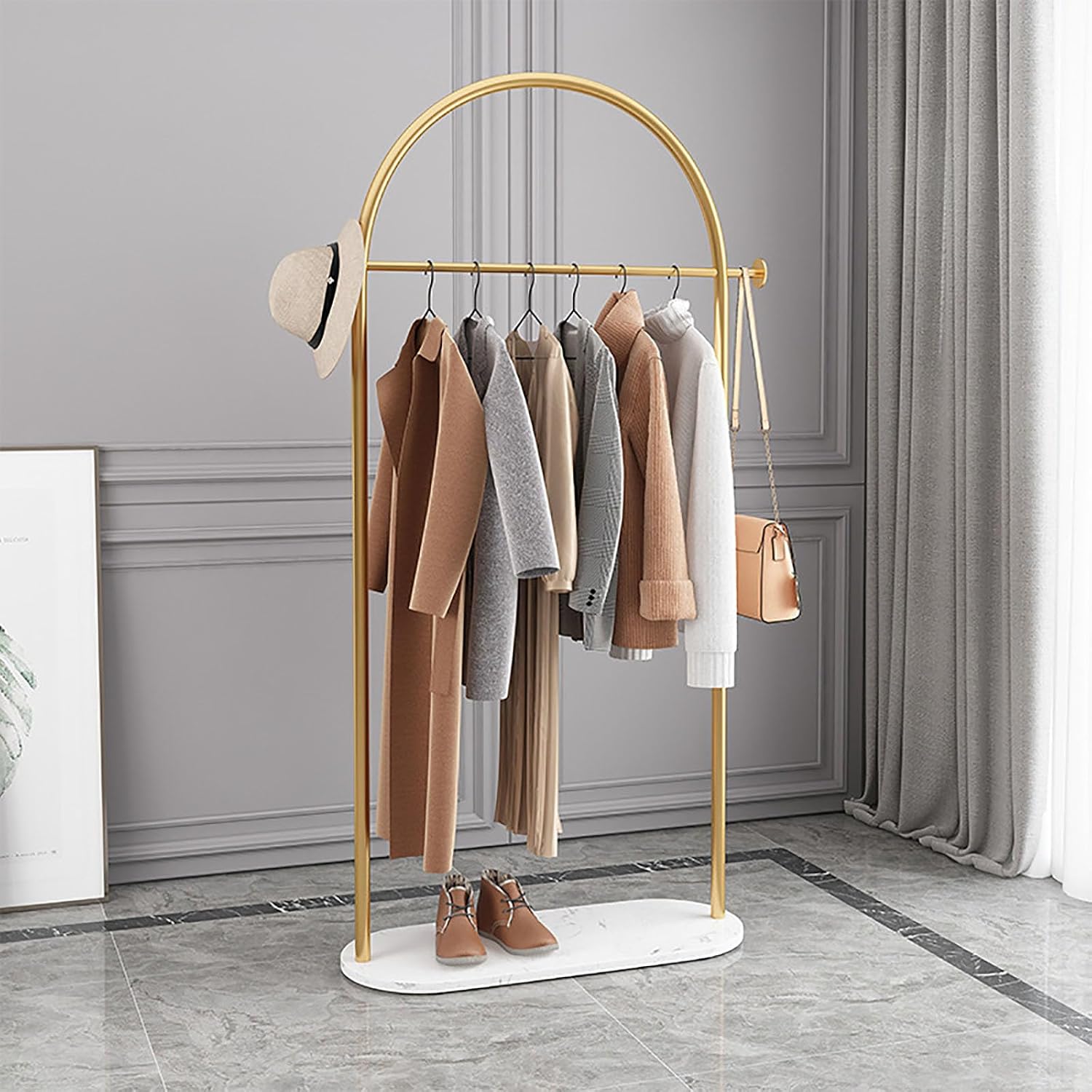 Floor-Standing Solid Wood Rotating Coat Rack，Freestanding Metal Garment Rack with Bottom Shelf - Portable Clothes Organizer for Bedroom & Living Room - Ideal for Coats, Skirts, Shirts & Swea