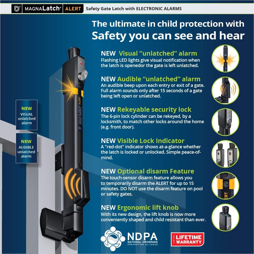 D&D Technologies ML3ATPKAG2 MagnaLatch Alert Top Pull Pool & Child Safety Magnetic Gate Latch and Lock, Audible & Visual Alarm, for Any Square Gate