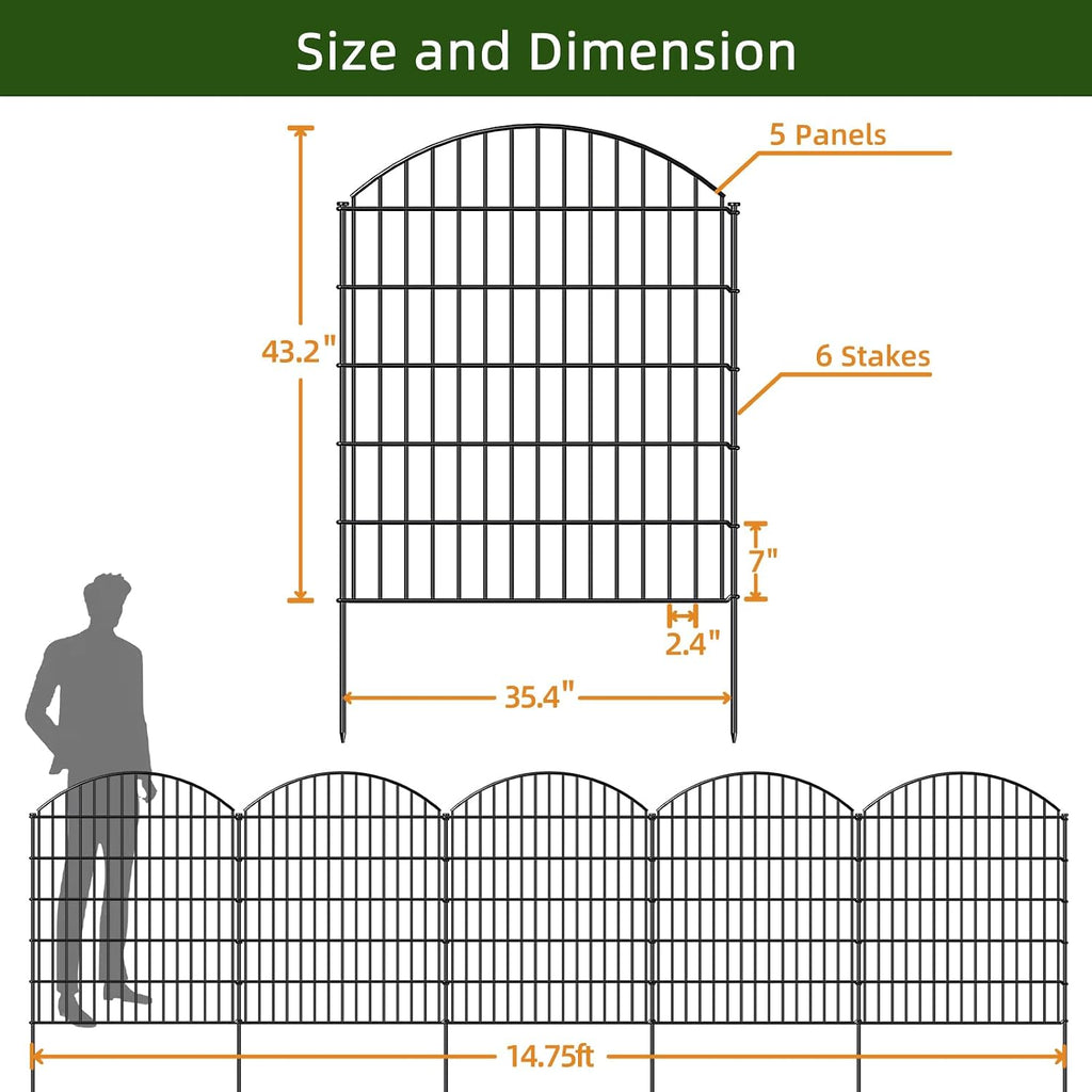 FOREHOGAR Heavy Duty Metal Garden Fence Outdoor CTW3643, 43.2in H x 14.75 ft L, No Dig Temporary Dog Fence Border Fencing for Yard Patio Landscape Flower Bed,5 Panels + 6 Stakes, Black