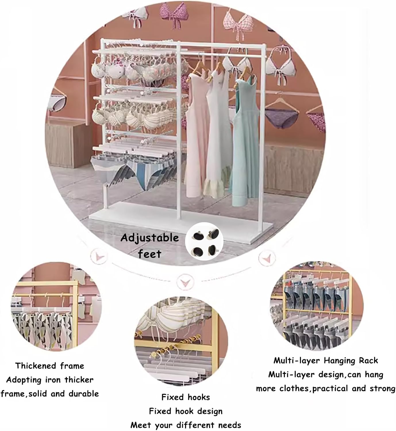 Adjustable Metal Garment Rack for Boutique | Freestanding Clothing Display for Shirts, Underwear, Bras, Socks & Scarves | Heavy-Duty Retail Storage Solution