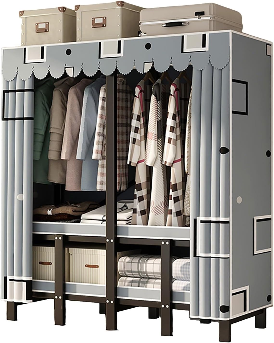 Heavy Duty Portable Wardrobe Closet With Cover, Foldable Heavy Duty Clothes Rack With Door, Freestanding Garment Rack For Bedroom Armoire Closet(D,170cm/66.9inch)