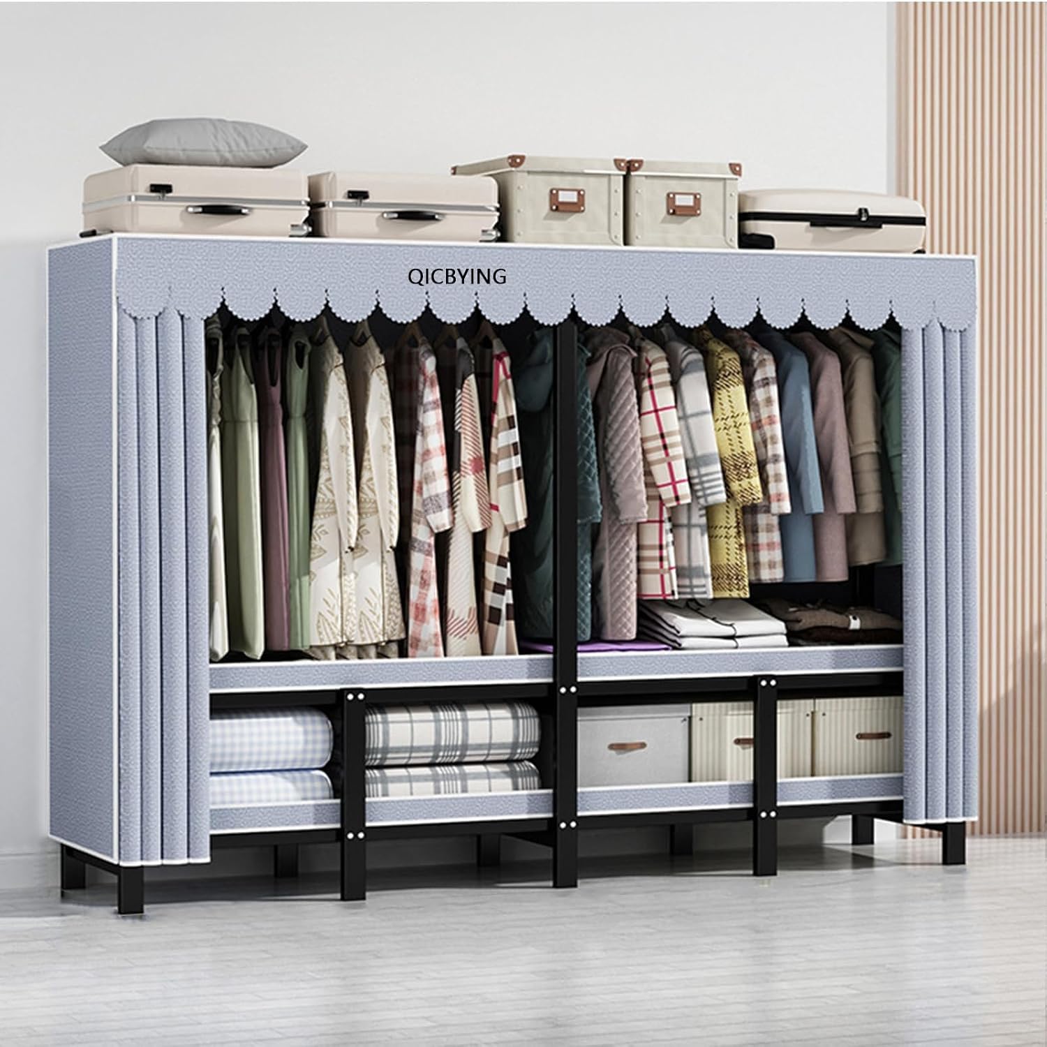 Portable Wardrobe Closet Rack, Heavy-Duty Foldable Garment Rack With Cover，Freestanding Clothes Organizer System,enclosed Curtain Armoires For Hanging Clothes For Bedroom ( Size : 168*50*170cm )