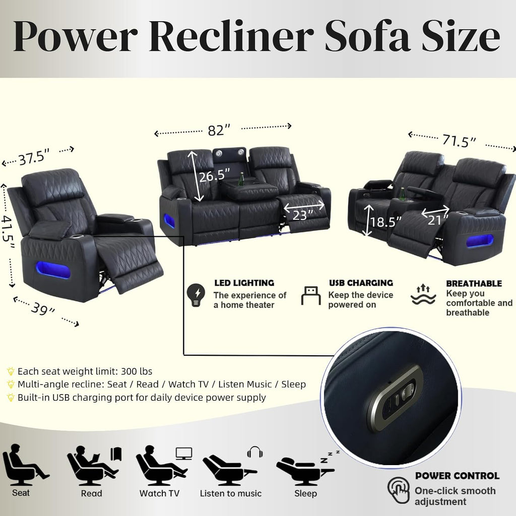 Air Leather Power Reclining Sofa Set with Speakers, LED Ambient Light, USB Charging Ports & Storage Storage, Electric Recliner Couches for Living Room Home Theater Apartment