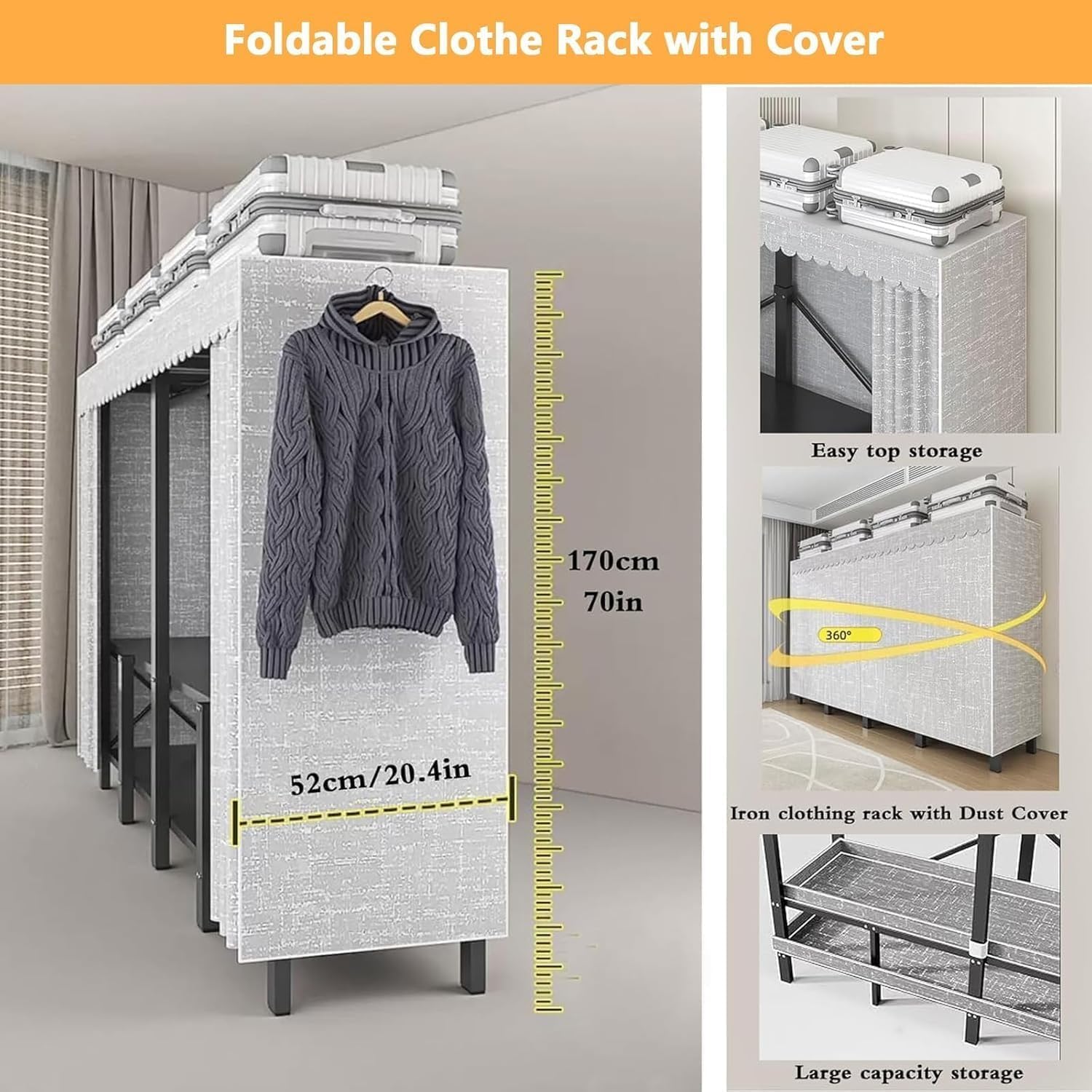 Large Metal Closet Rack, Foldable Clothe Rack With Cover Heavy-Duty Portable Wardrobe Closet For Bedroom Armoires Freestanding Clothing Coat Storage Rack Garment Rack For Hanging Clothes(125cm/49.2in)