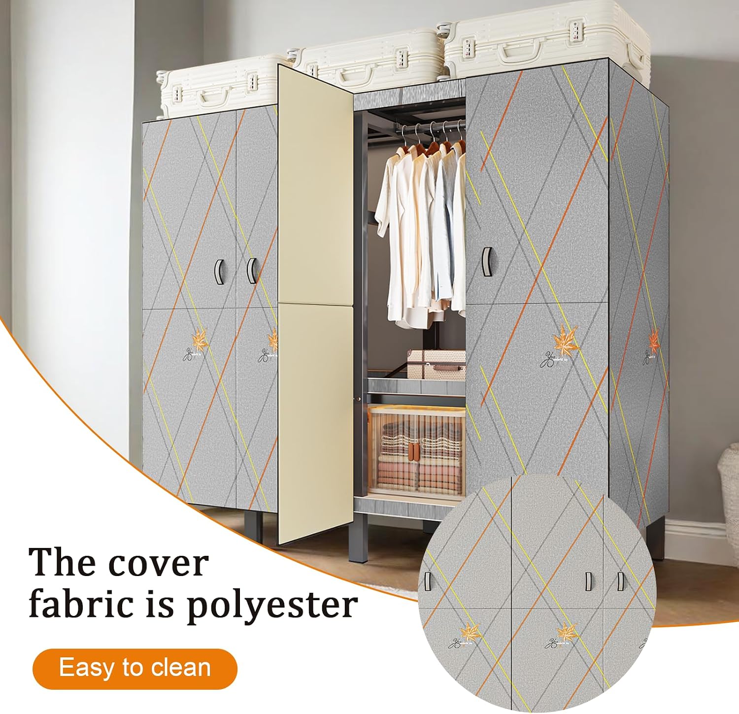 Portable Wardrobe Closet, Heavy Duty Clothing Rack for Hanging Clothes, Metal Clothes Rack with Cover and Hanging Rods, Freestanding Wardrobe Armoire Load 1000 LBS (Door Style 59 inches/150cm)