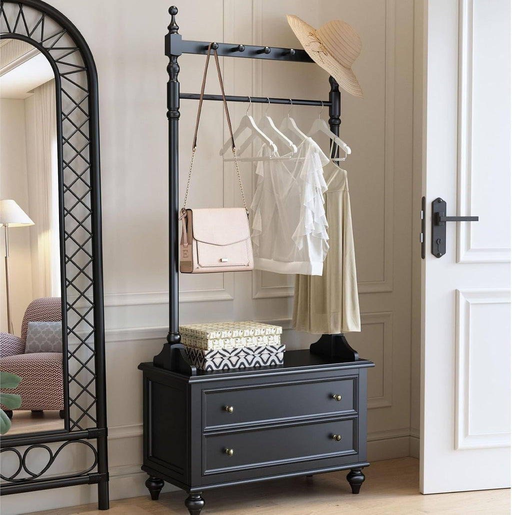 Solid Wood Clothing Rack, Clothes Rack with 2 Drawers, Floor-standing Garment Racks, for Hanging Shirts, Jackets, Coat Hanger Stand for Bedroom Entryway(White)