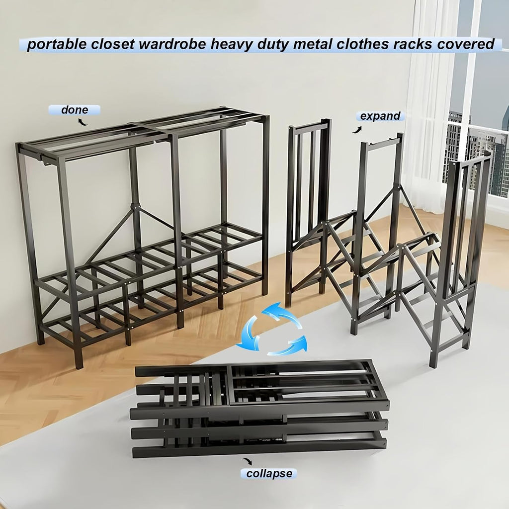 Heavy Duty Foldable Closet Rack With Cover, Large Capacity Portable Wardrobe Closet For Hanging Clothes, Max Load 1200lbs, Metal Freestanding Armoires Wardrobe Hanger Clothes Organizer(125cm/49.2in)