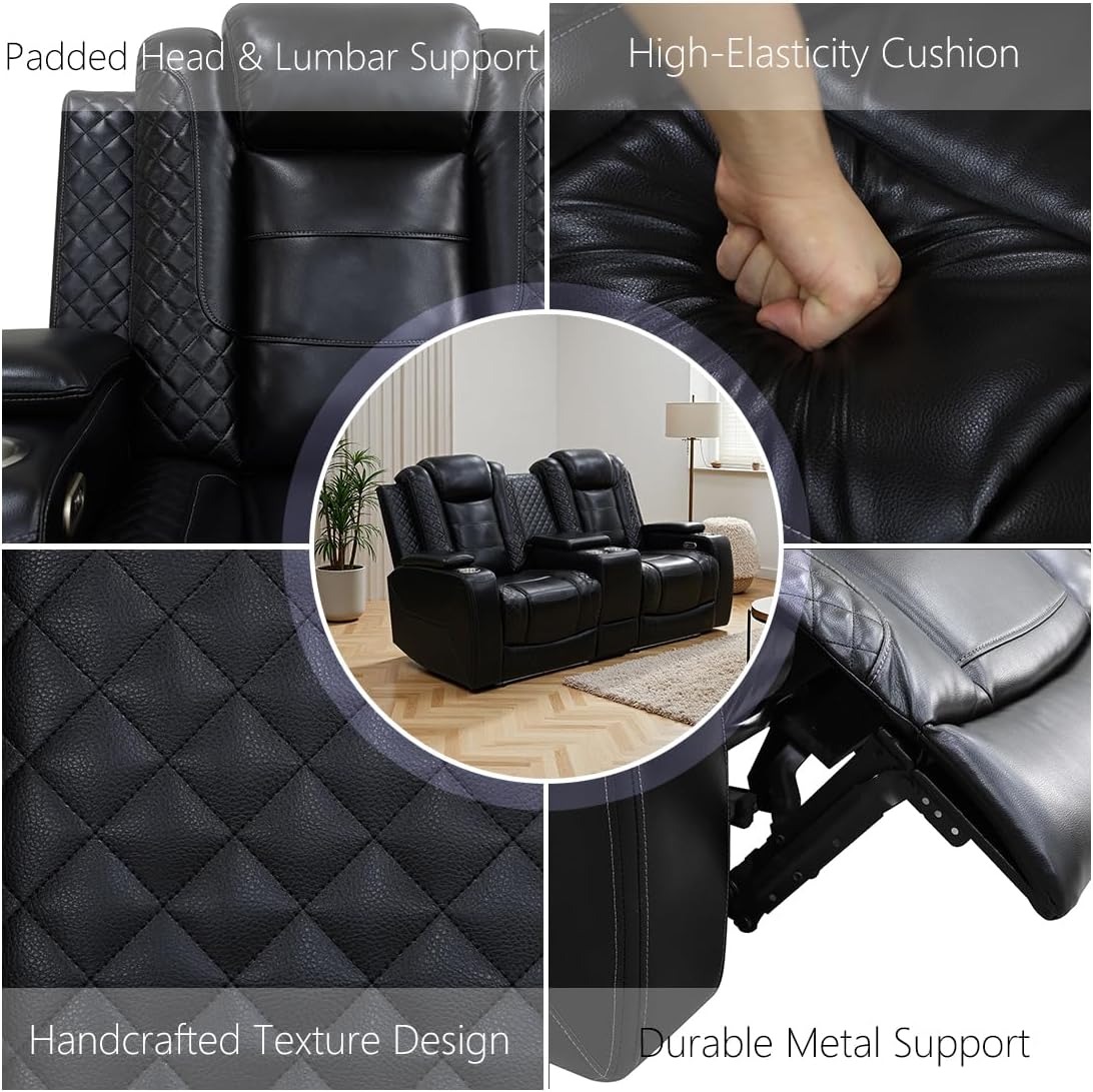 Power Recliner Sofa Set, Black Leather Reclining Couch Chair Set, Living Room Furniture Sets, Luxury Reclining Loveseat & 2 Chairs with Cup Holders/Storage/Charging for Home Theater/Office