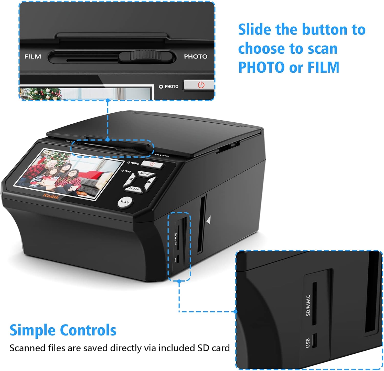 KEDOK Photo,NameCard,Slide & Negative Scanner with Large 5' LCD Screen,Film and Slide Digitizer-Convert 35mm,110 Film/Photo(3R,4R,5R)/NameCard to 22MP Digital JPEG-8GB SD Card Included