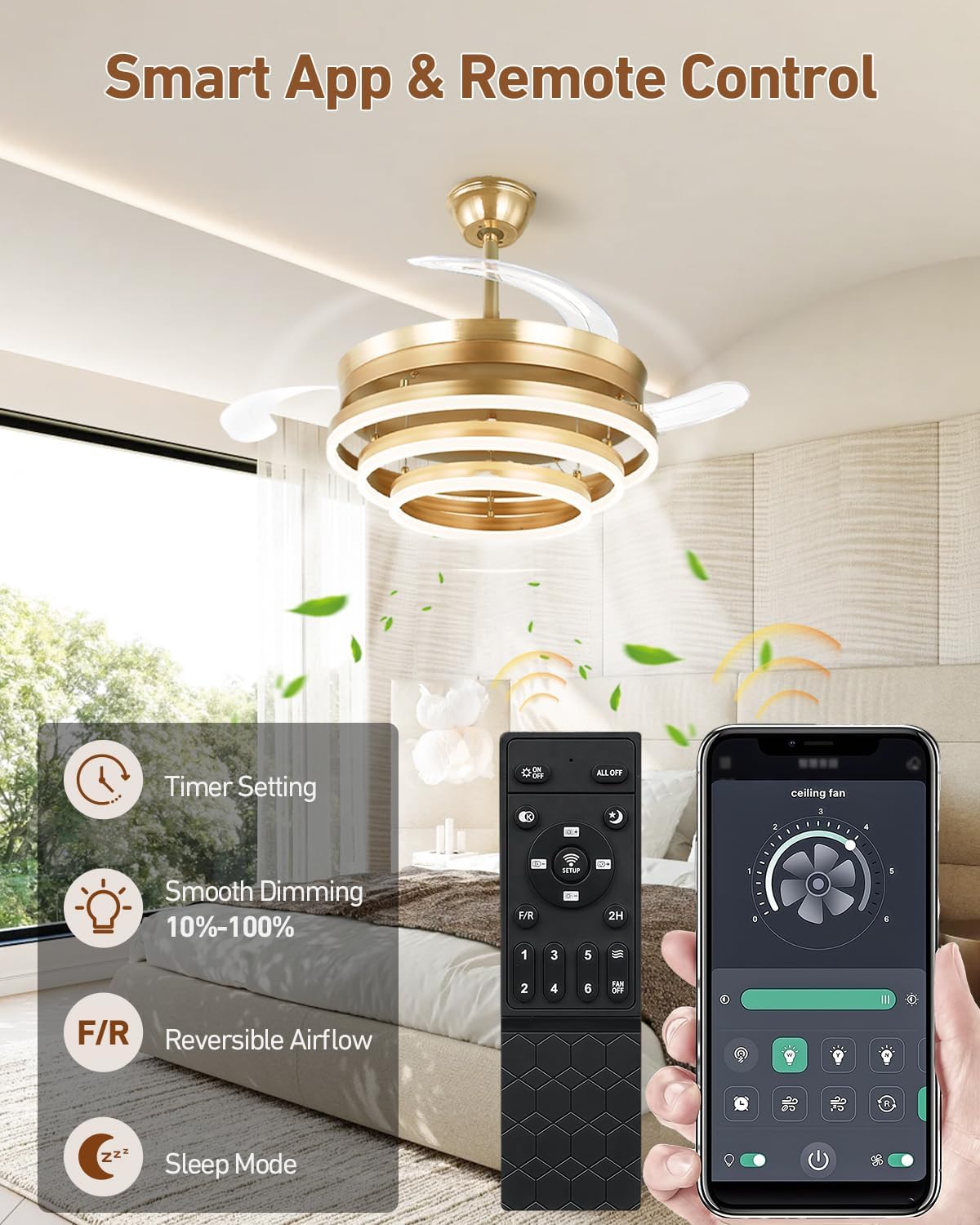 42 Inch Retractable Ceiling Fan with Lights, Gold Fandelier Chandelier Fan with Remote, 6-Speed Silent DC Motor, 3000K-6500K Dimmable LED Light, Modern Ceiling Fan for Bedroom Living Room Dining Room