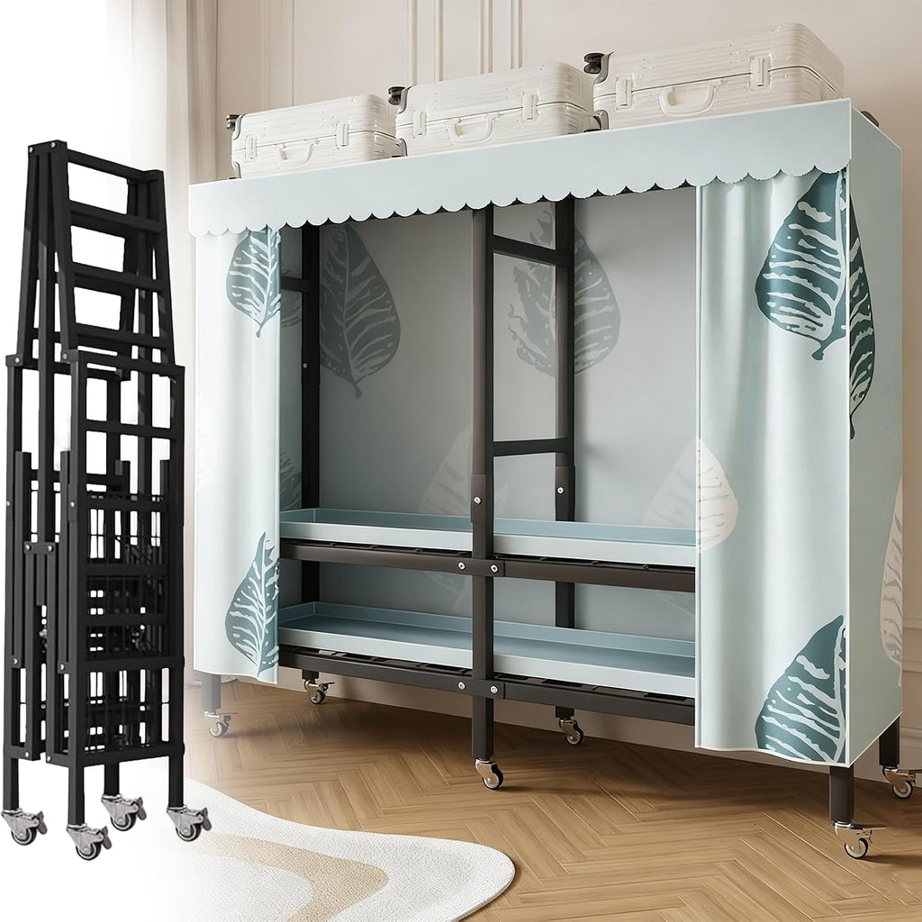 Metal Wardrobe Closet Rack 1500lbs Heavy Duty Foldable Garment Rack with Cover and Wheels Foldable Freestanding Clothes Organizer Enclosed Armoires for Hanging Clothes F 66.9'/170CM (D 49.2)