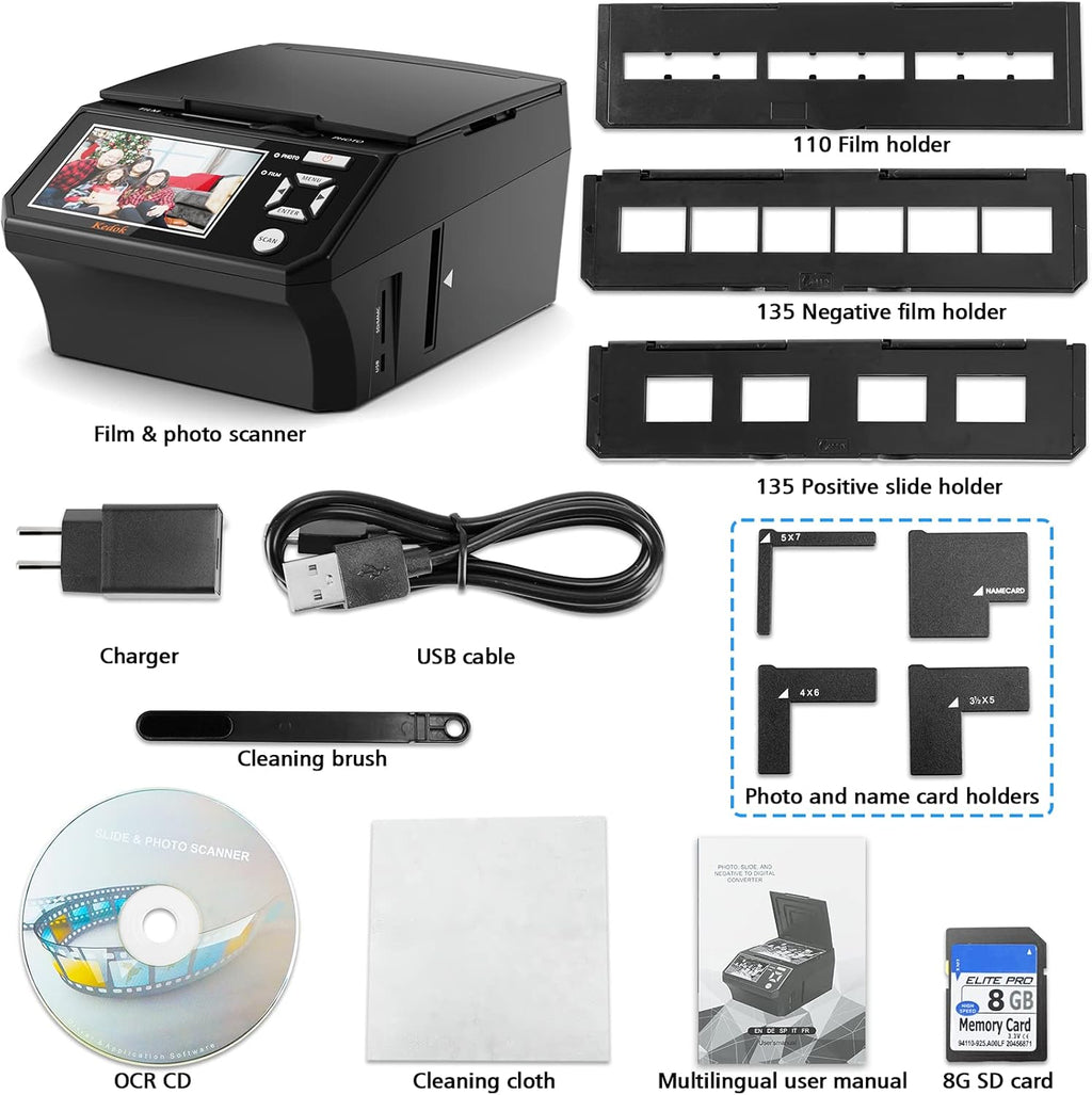 KEDOK Photo,NameCard,Slide & Negative Scanner with Large 5' LCD Screen,Film and Slide Digitizer-Convert 35mm,110 Film/Photo(3R,4R,5R)/NameCard to 22MP Digital JPEG-8GB SD Card Included