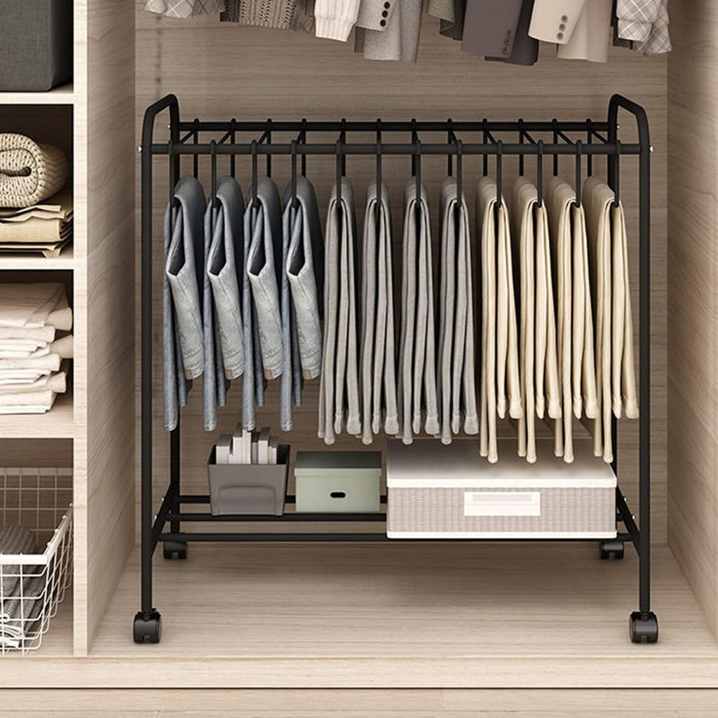 Freestanding Garment Rack with Movable Trouser Hanger, Multi-Functional Clothing Storage Rack for Bedroom, Slacks Organizer with Wheels (White)