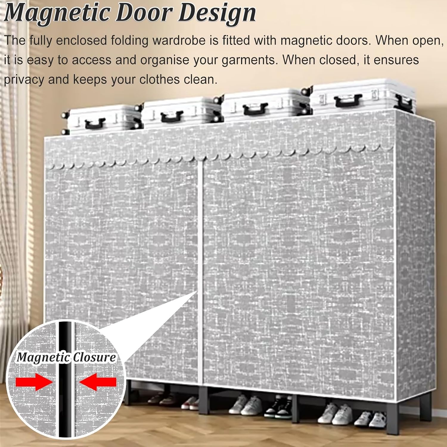 Foldable Garment Racks with Cover, Enclosed Portable Wardrobe with Independent Area, Magnetic Closet Armoire for Hanging Clothes & Bedding(1.25m/4.1ft)