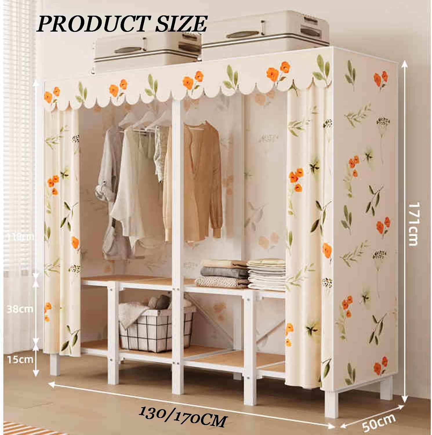 Portable Closet Wardrobe,Steel Tube Clothes Storage Organizer,Freestanding Coat Storage Garment Racks,for Bedroom Free Standing Clothes Rack with Cover(Color 2,170 X 50 X 171cm)