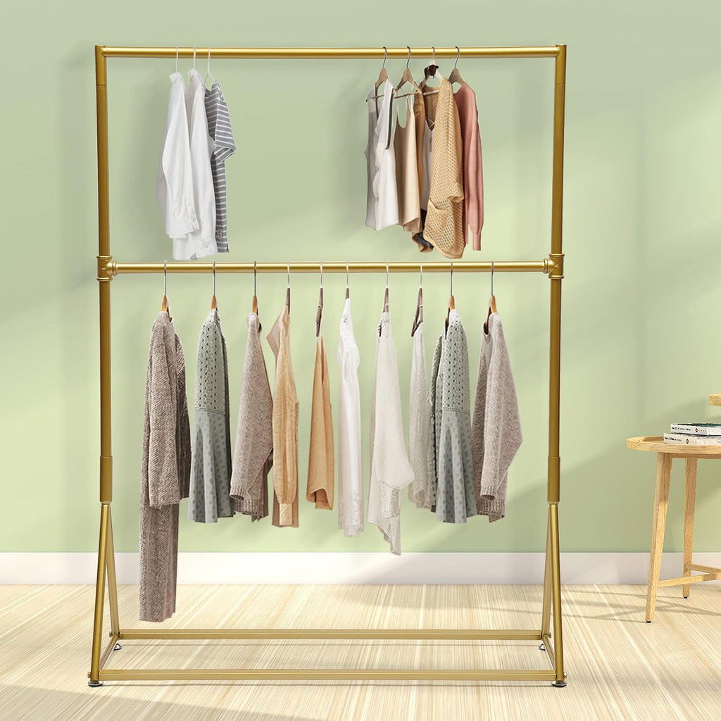 Portable Iron Durable 2 Tier Clothes Rack Retro Freestanding Gold Garment Rack For Hanging Shirts Coats Suits Pants 47.2x15.7x62.9 Inch Gold for Laundry Rooms, Balconies, Bedrooms