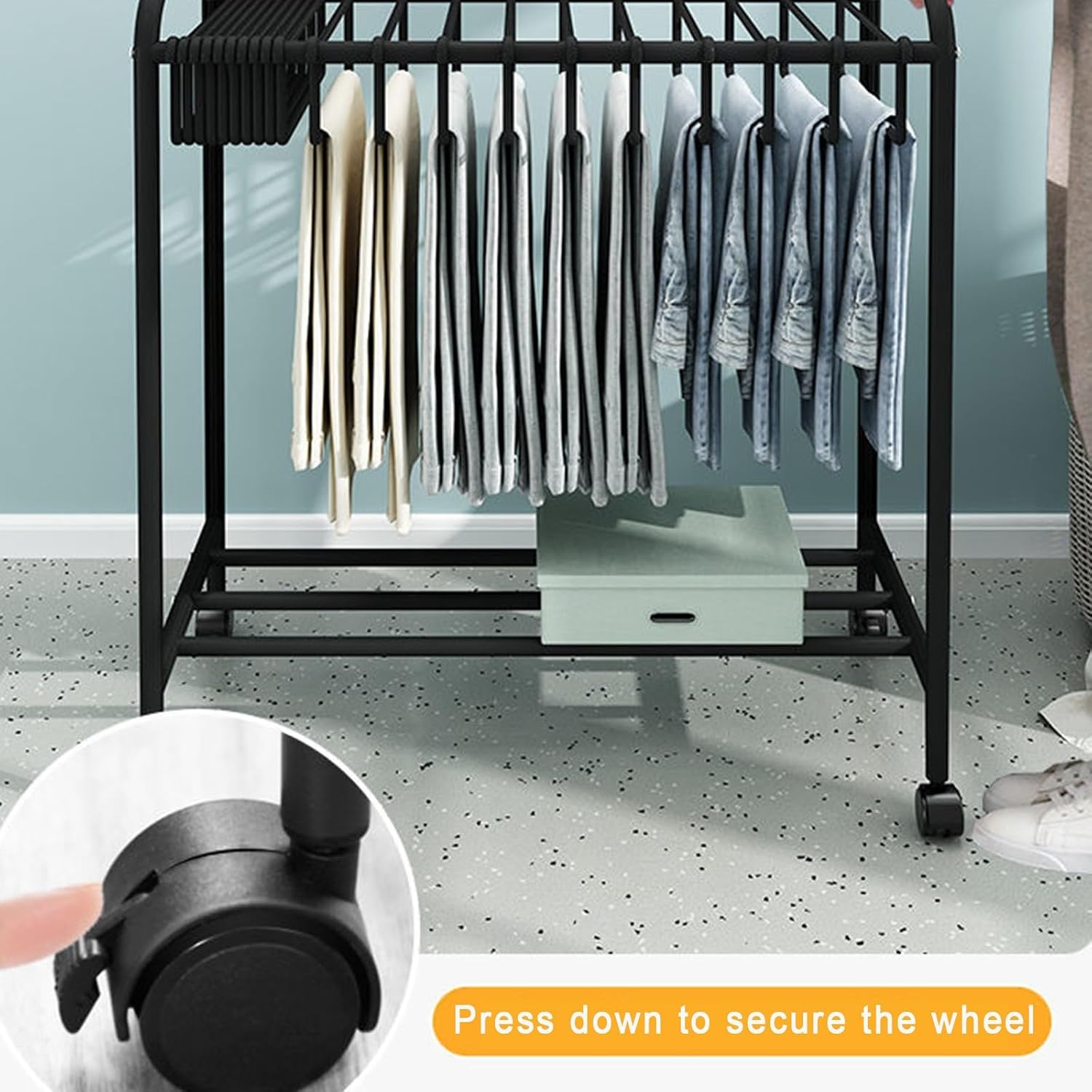 Freestanding Garment Rack with Movable Trouser Hanger, Multi-Functional Clothing Storage Rack for Bedroom, Slacks Organizer with Wheels (White)