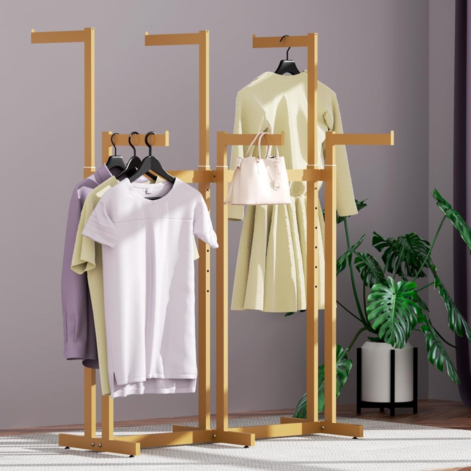 Clothing Racks - Metal Garment Racks for Retail Display Hanging Clothes, Heavy Duty Gold Commercial Clothing Display Rack with Wheels, FreeStanding (Gold