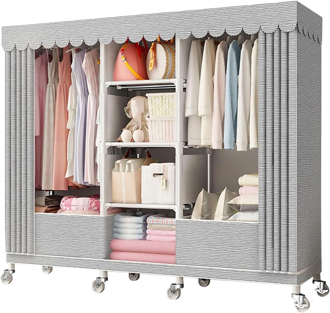 Rolling Clothes Rack with Cover for Bedroom Portable Wardrobe Closet for Hanging Clothes Freestanding Garment Rack with Wheels, Rod and Shelves (Color : A, Size : 160x45x170cm)