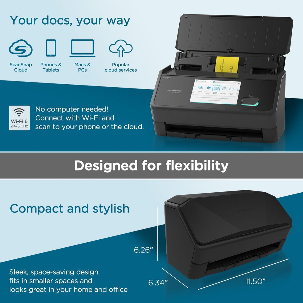 ScanSnap iX2500 Receipt Edition, Works with QuickBooks, Wireless or USB High-Speed Cloud Enabled Invoices & Receipts Scanner, 100 Page Auto Document Feeder for Mac or PC, Black