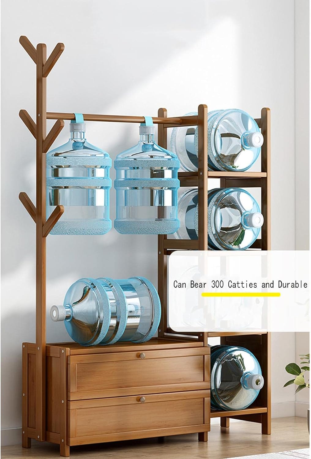 Bamboo Clothes Rack with 2 Storage Shelves and 6 Hooks Portable Extra Large Garment Rack for Bedroom and Living Room Freestanding Clothes Hanger Stand 50x37x146cm