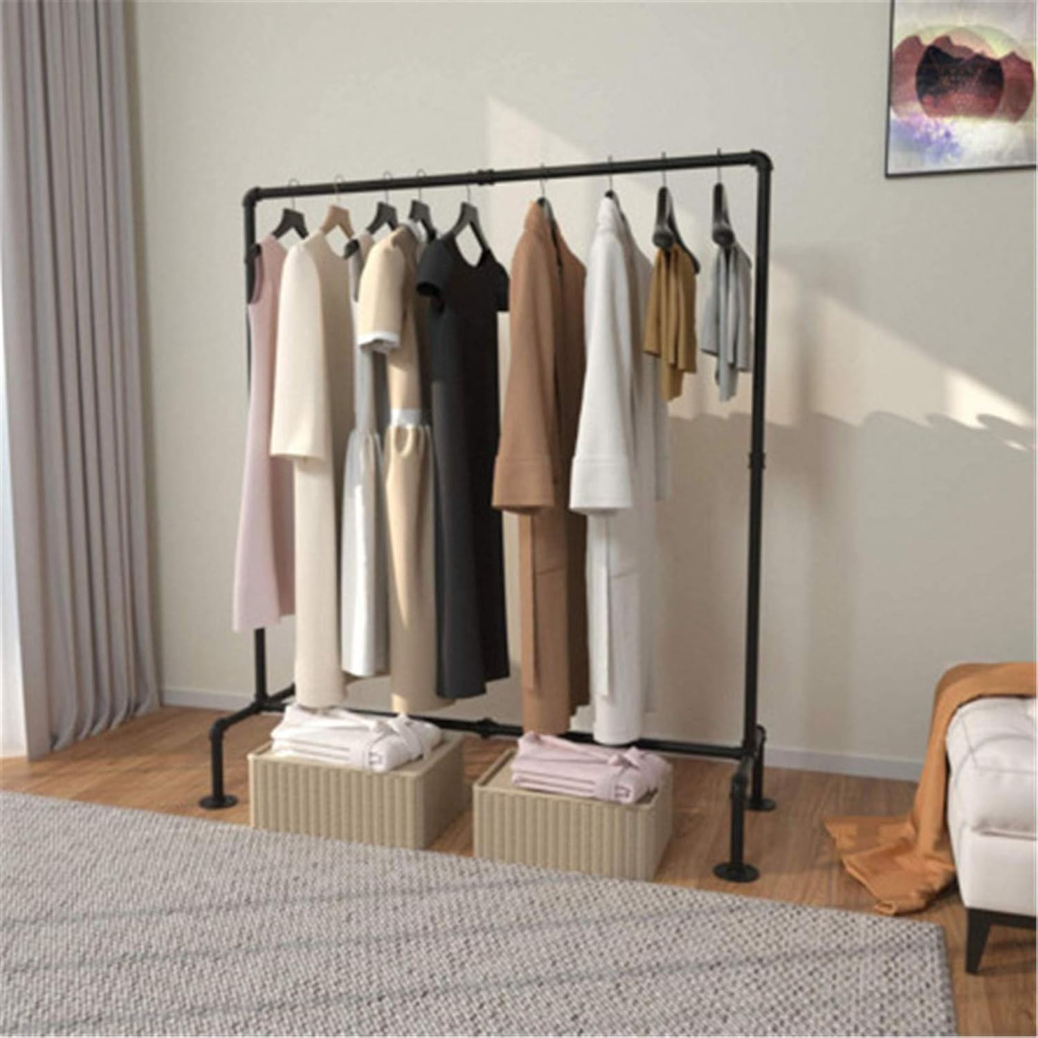 Mlaea Iron Frame Drying Rack, Single-Rod Garment Rack for Coats, Shirts, Dresses, Freestanding Clothing Storage Display Rack for Clothes Store, Balcony, Bedroom, 121cm(Size:121 * 114CM)