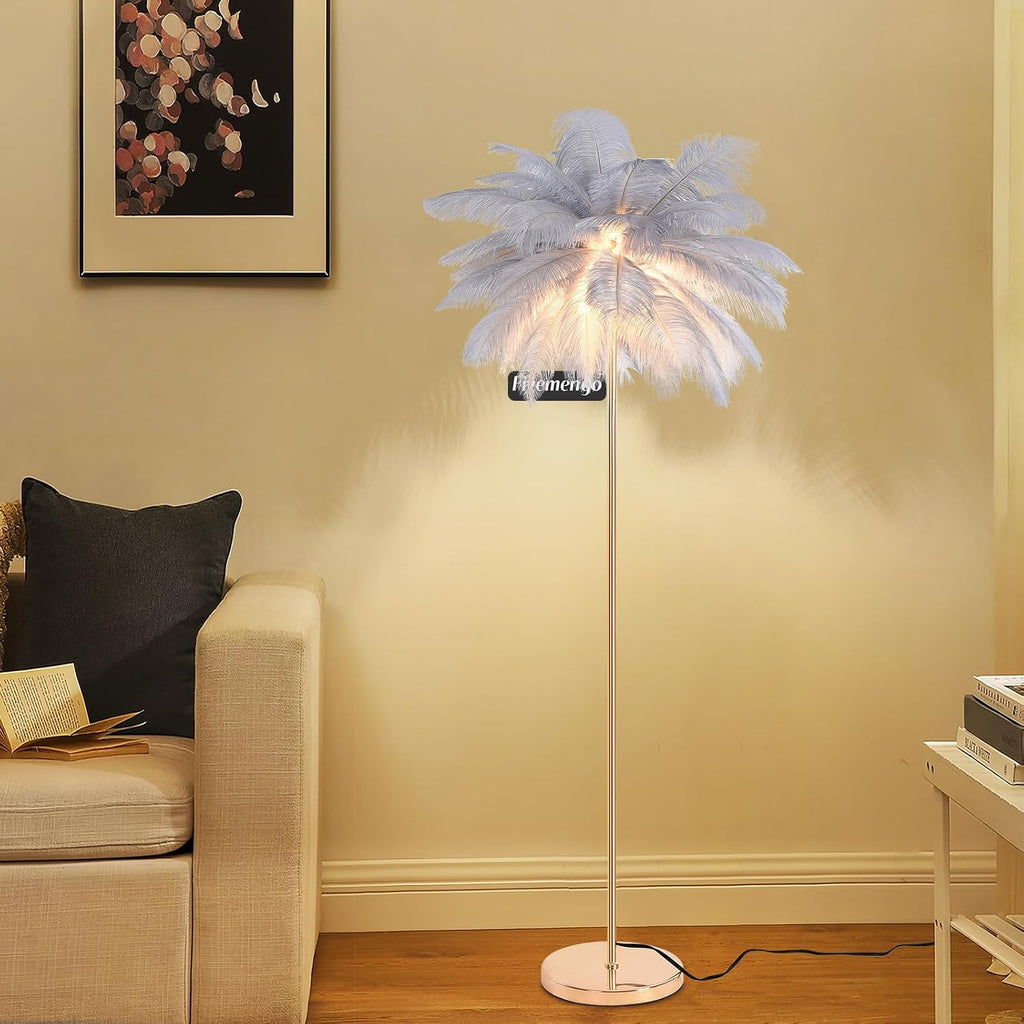 Feather Floor Lamp for Living Room, Fluffy Ostrich Feathers Lamp, Rose Gold Color Body, 3 Color Temperatures Modern Funky Arc Tall Standing Lamp for Bedroom Inclued Bright LED Bulbs (Grey)
