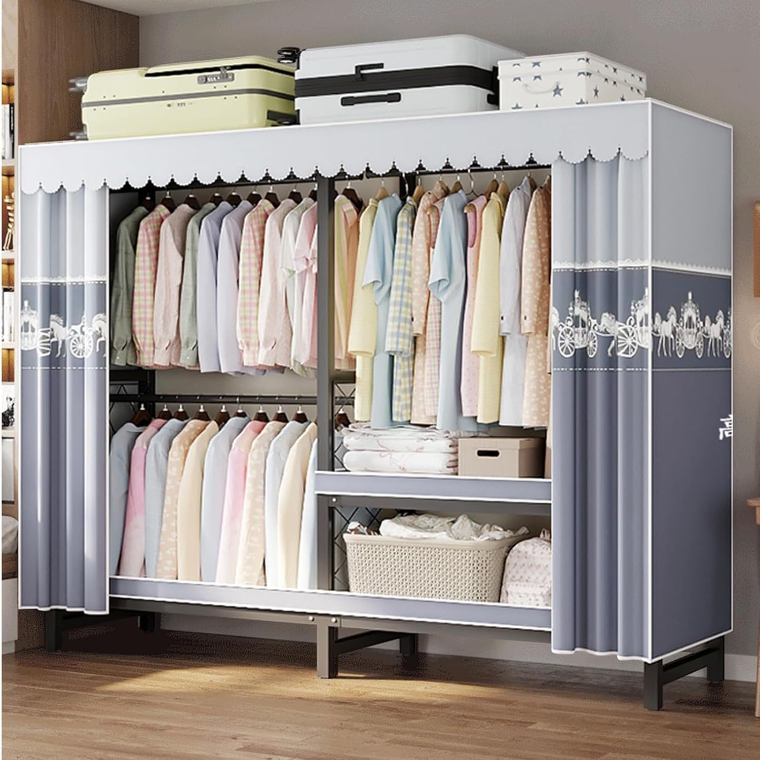 Foldable Clothing Rack - Heavy Duty Rolling Garment Rack With Cover, Portable Freestanding Closets Wardrobe, Width 19.68in, Max 1500lbs, For Hanging Clothes, Metal Armoires,multiple Sizes(Color:A,Size