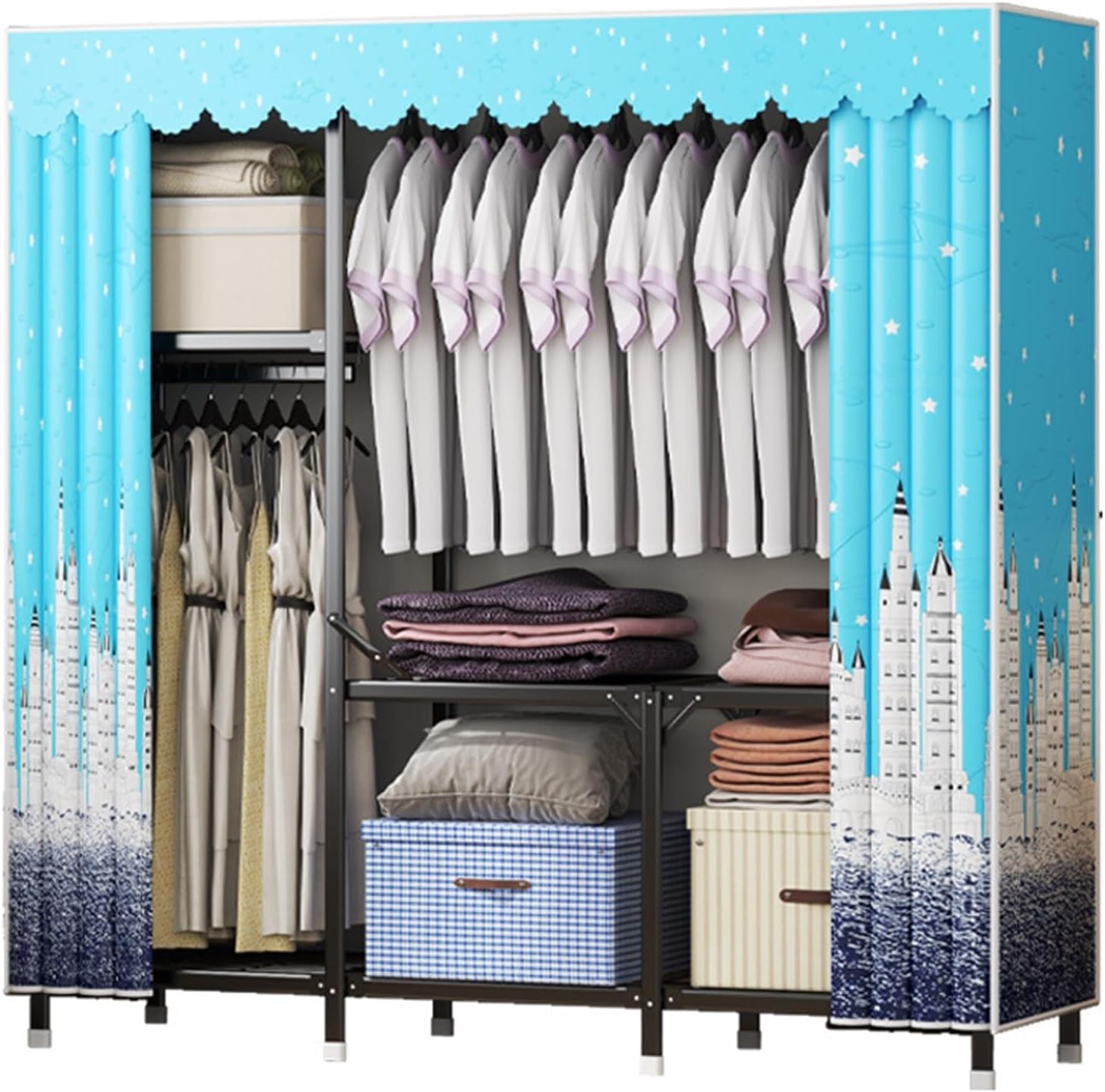 Heavy Duty Closet Organizer System,Clothes Rack With Cover Heavy Duty Clothing Racks,Freestanding Clothing Racks For Hanging Clothes,for Hanging Clothes & Storaging Bedding(Blue,100 * 45 * 165CM)